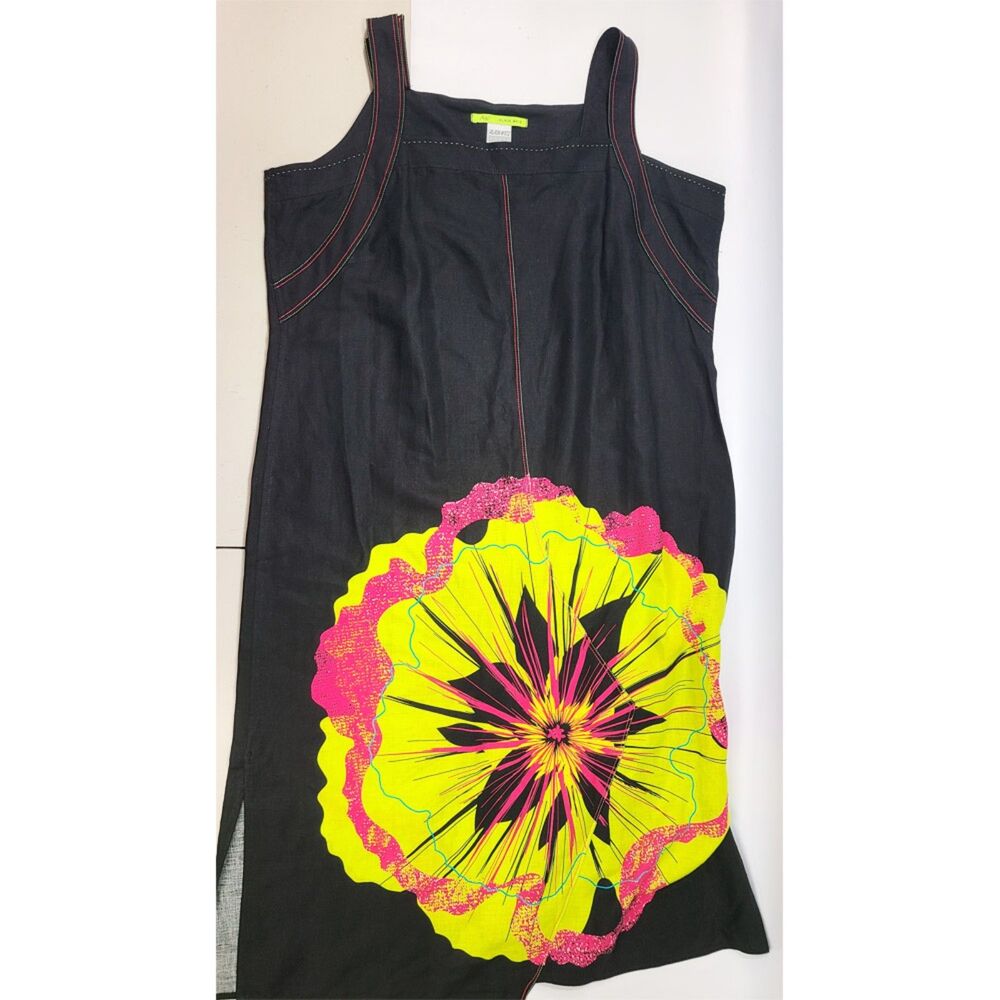Alain Weiz Linen Viscose Black Dress with Neon Floral Print, Size 20 US